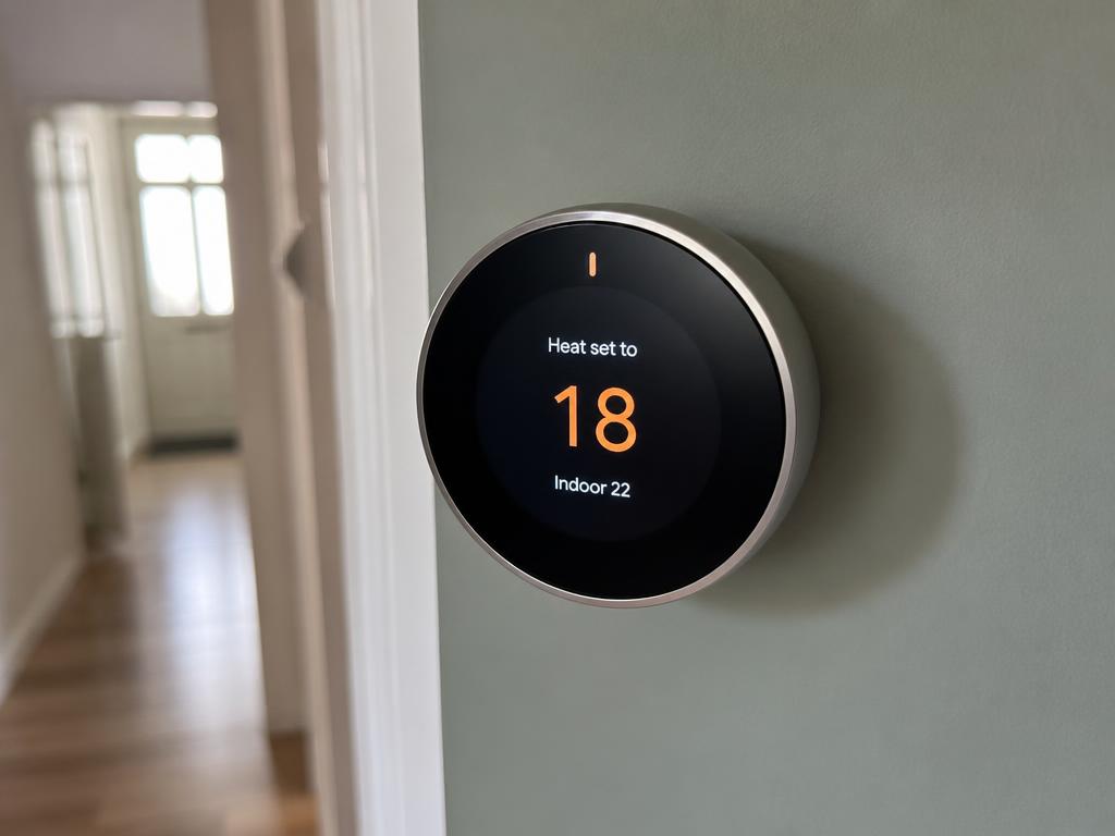 Smart thermostat mounted on a hallway wall