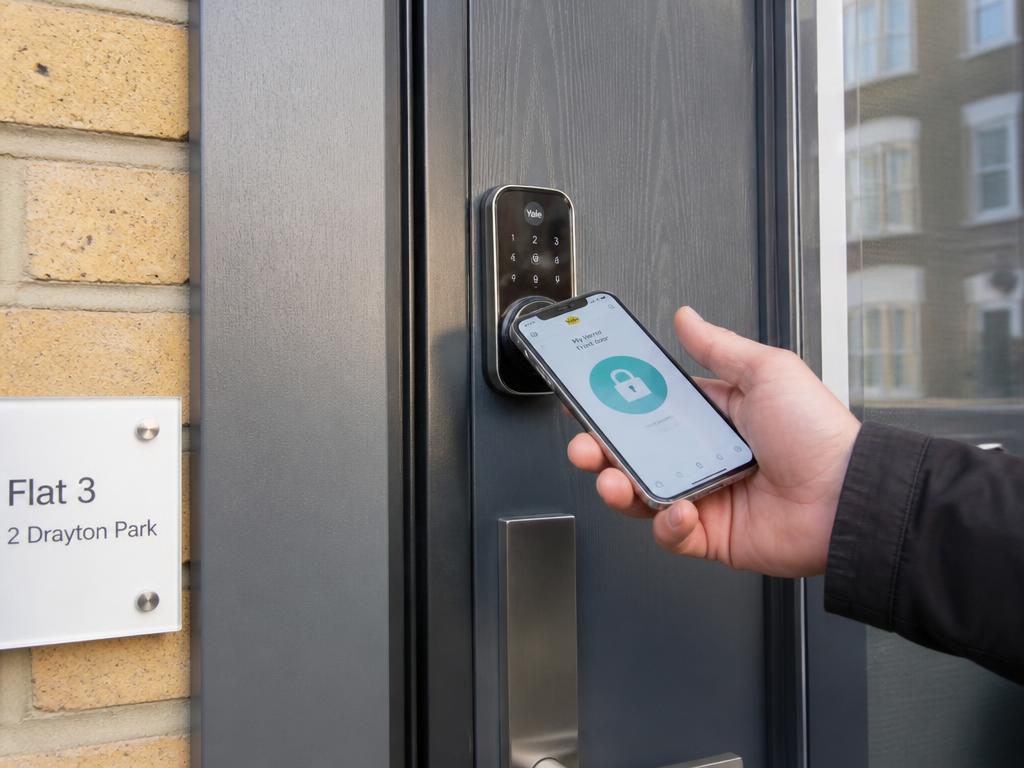 Smart door lock on a London flat front door unlocked with a phone