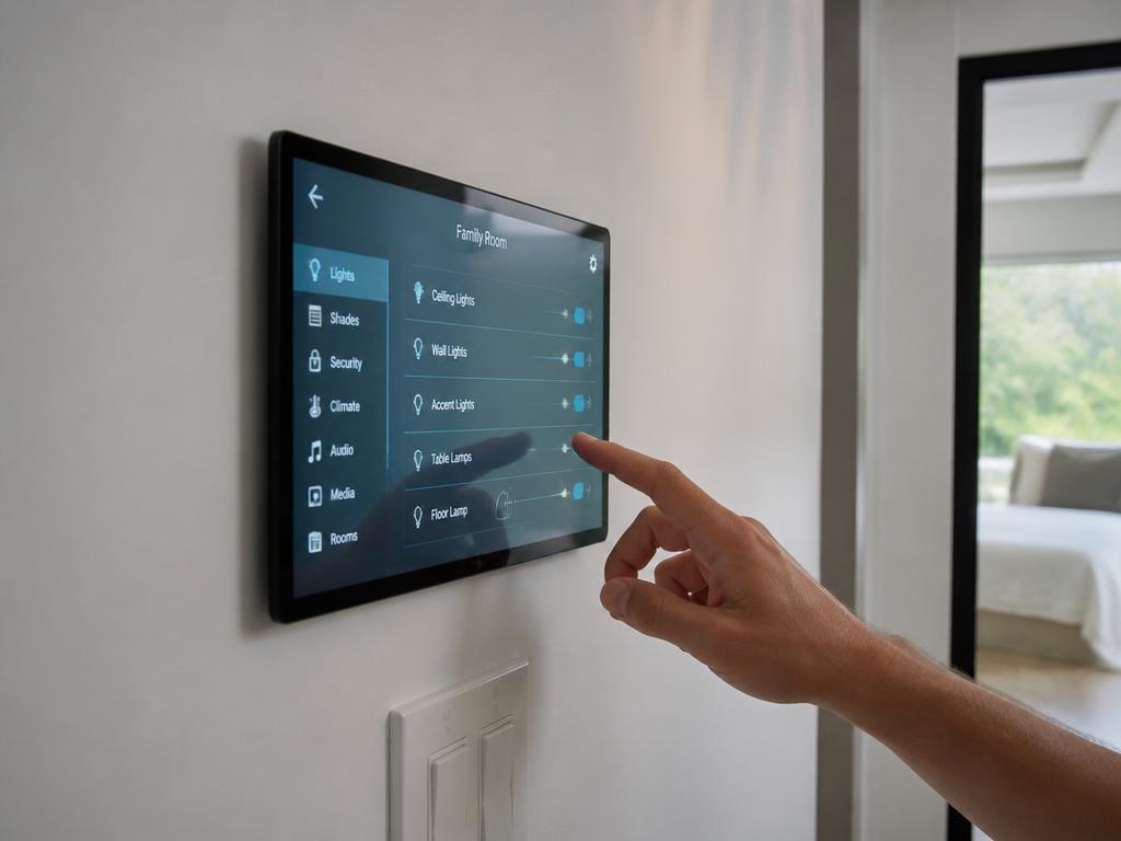 Wall-mounted smart home control panel in a hallway