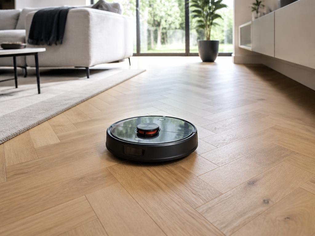 Robot vacuum cleaning oak flooring in a living room