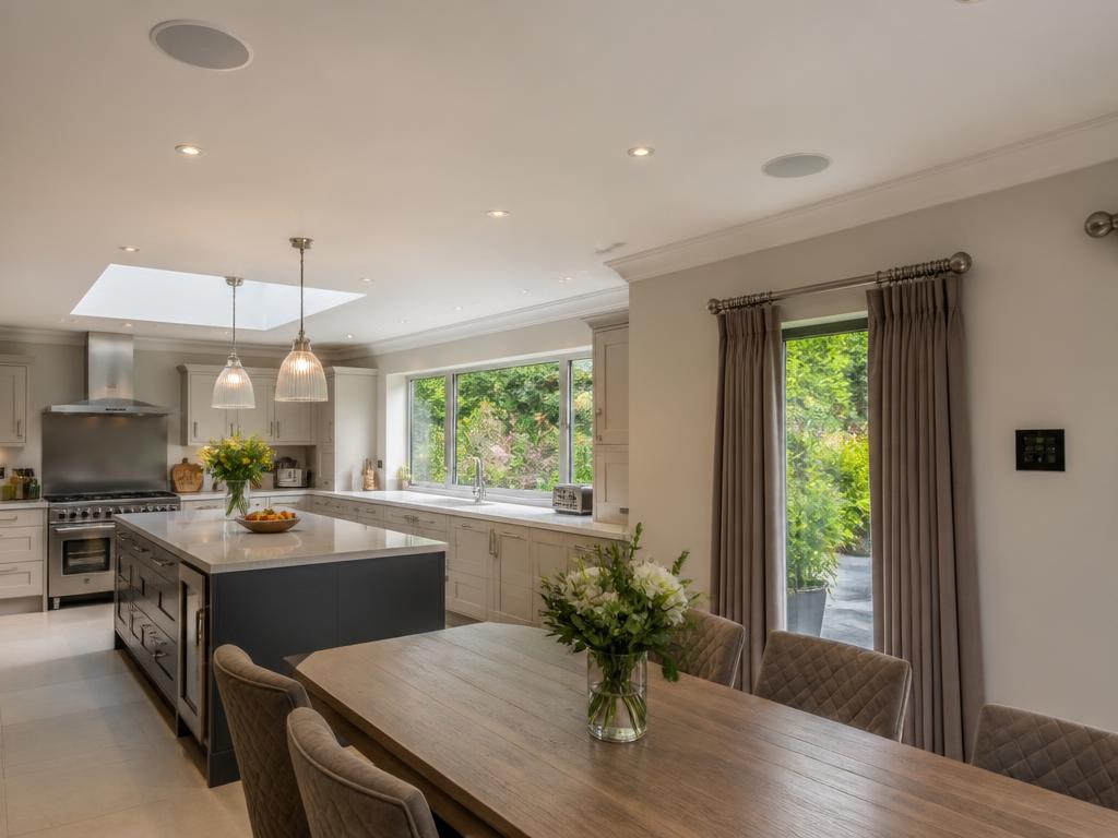Flush ceiling speakers in a modern kitchen diner