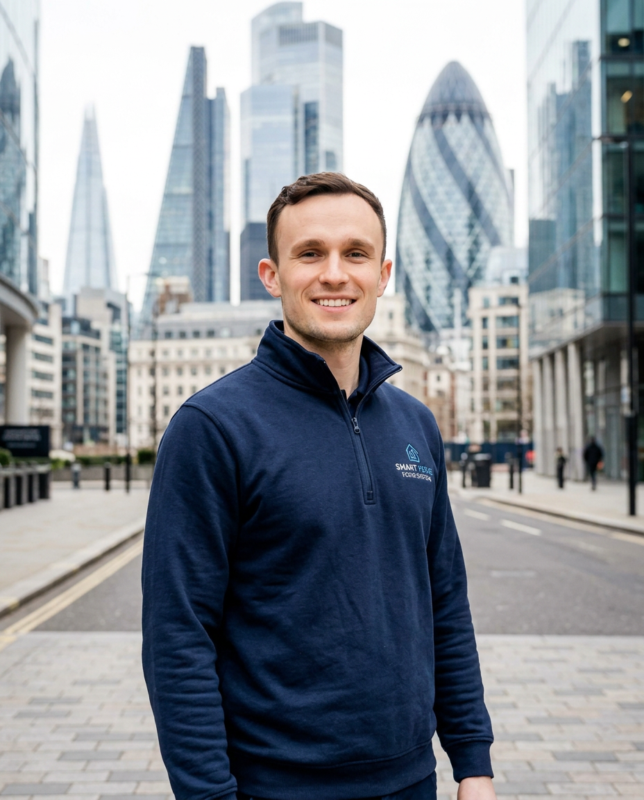 Luke fitting a smart home control panel in a London living room